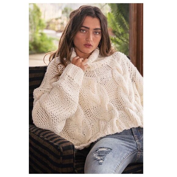 cream Turtle Neck Cable Knit Sweater - Picture 4 of 16